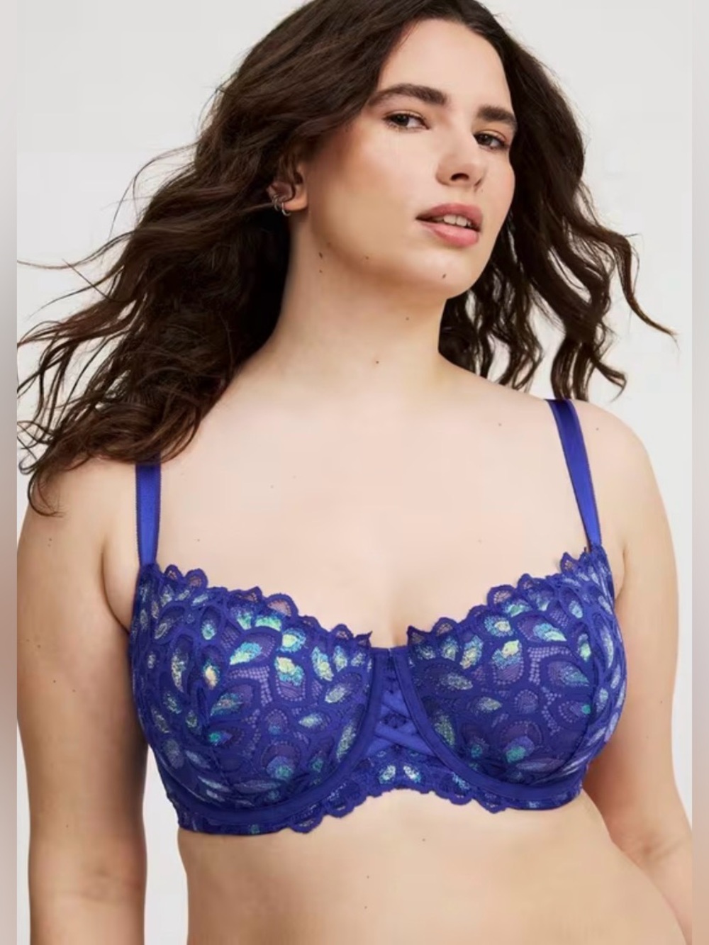 Torrid Unlined Balconette Bra Plus Size Sexy Blue Lace 46 DD